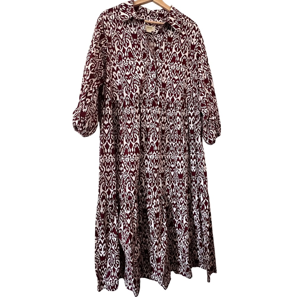 Anthropologie Bettina 2X Burgundy White Ikat Print Tiered Cotton Midi Dress
